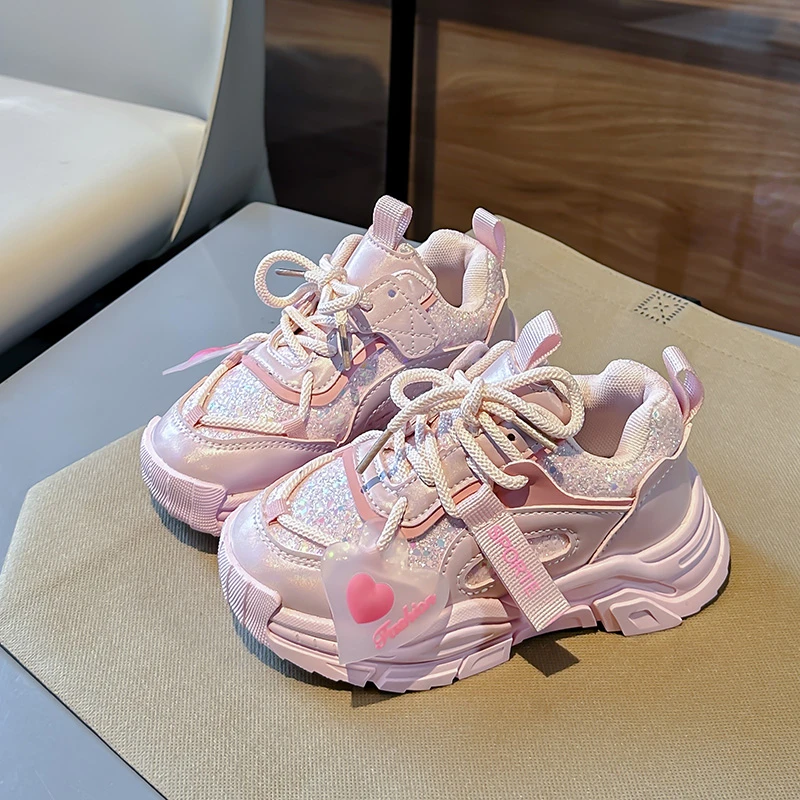 Cute Girls Sneaker Children Shoes Pink Purple Autumn Leather Kids Chunky Shoes Platform Casual Sports Tennis Shoes for Girl