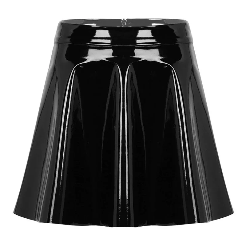 Women\'s Black PU Leather Pleated Skater Mini Skirt, Monochromatic, Short, Casual, Stretch, A-Line, Nightclub, Sexy, Summer