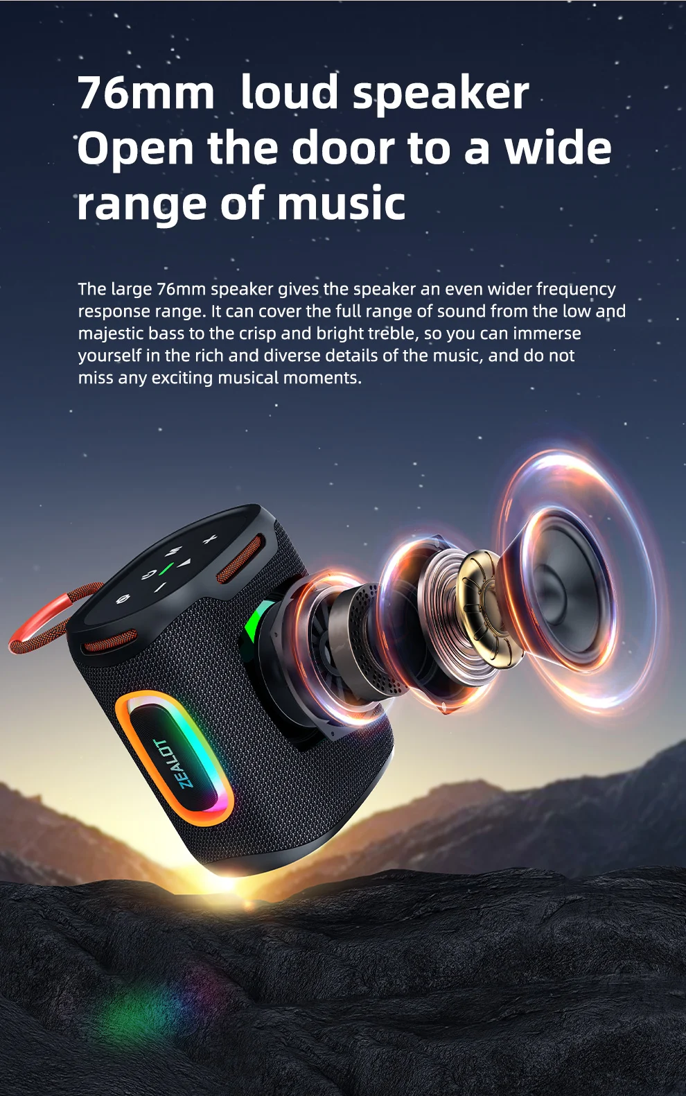 Zealot-S122 Original Tragbarer Bluetooth-Lautsprecher mit Ausgewogenem Subwoofer-Sound, BT5.3 Outdoor-Lautsprecher mit LED-Licht, TF-Slot und USB – Detail 5