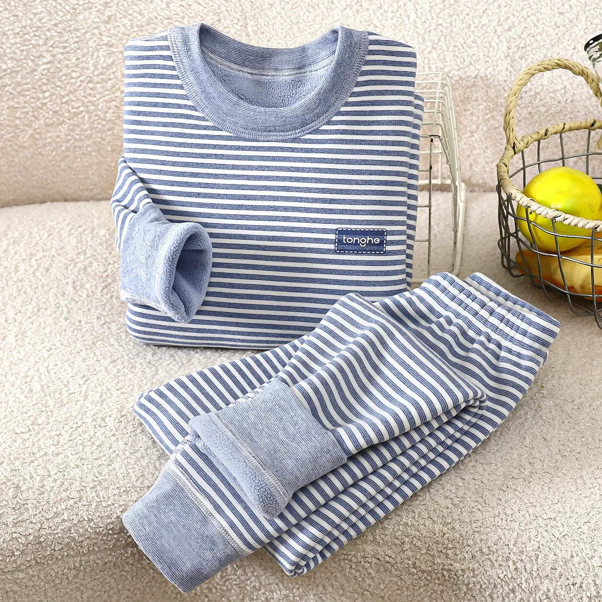Kids Thermal Underwear Set Striped Fleece Thick Long Johns Warm Winter Base Layer Sleepwear Loungewear for Boys Girls 2-18 Years