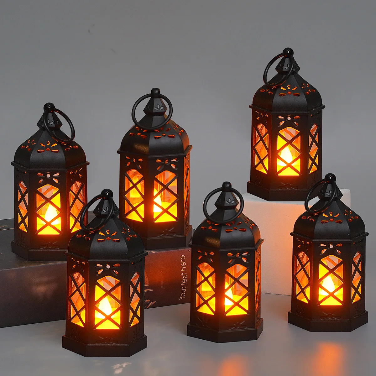 European Ramadan Lamp Mini Plastic Hexagonal Wind Lamp Led Electronic Candlelight Holiday Decoration Christmas Halloween Retro