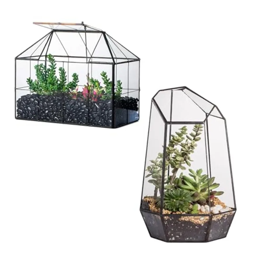 

Glass Terrarium - Glass House Shape Terrarium Planter with Lid, and Geometric Open Glass Terrarium Planter, for Small Succulent
