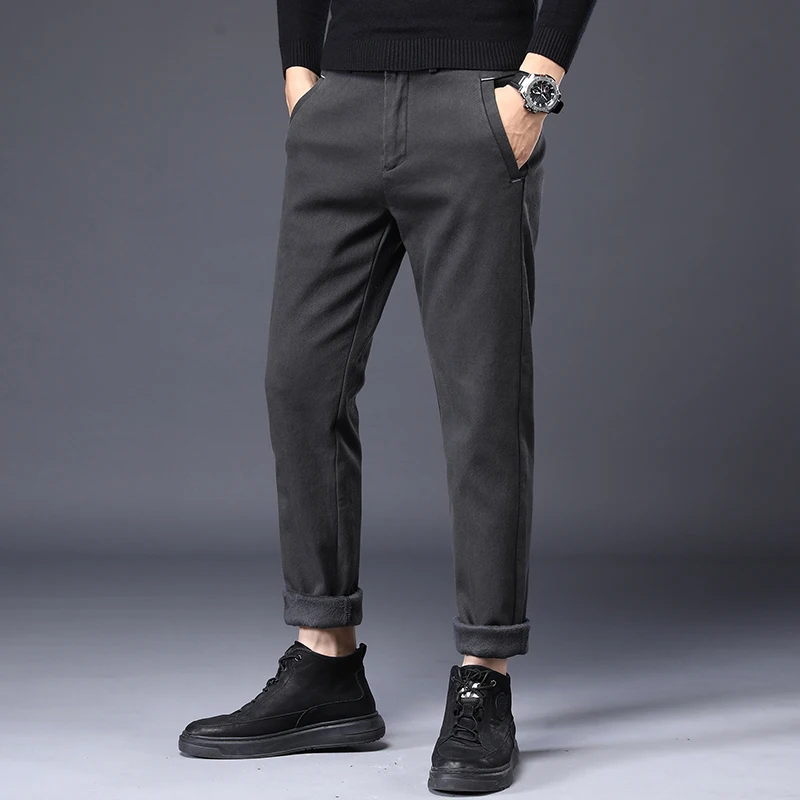 2024 New Business Casual fleece Pants Men Classic Solid Color Fashion Slim Stretch Trouser Men Fashion Black Pants Men Joggers