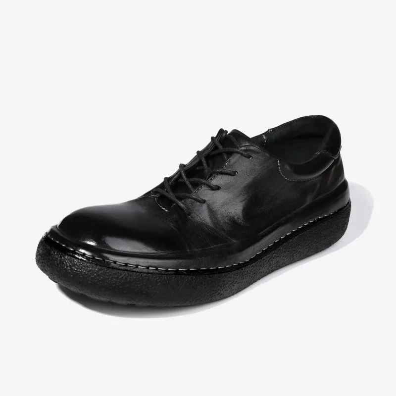 British Style Washed Horseskin Men's Shoes Thick Soled Derby Casual Breathable Genuine Leather Height Increasing Leather Shoes