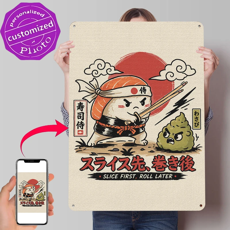 Sushi Samurai vs. Wasabi Monster Blechposter Individualisierte Wandkunst Retro Vintage Metallschilder für Fans Zimmer Wanddekoration Kaffeebar