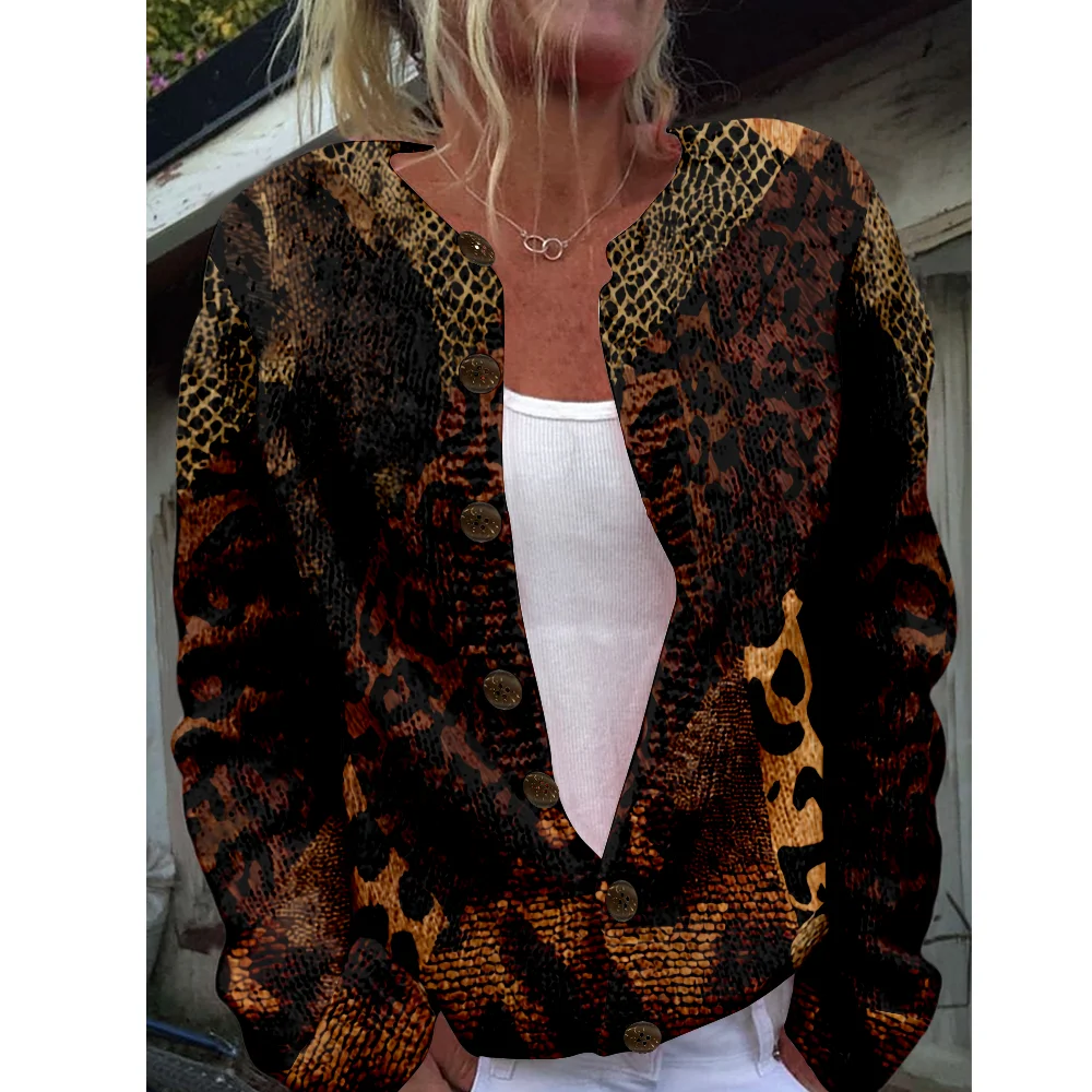 

Осень-зима вязаный леопардовый кардиган, свитер, уличная одежда, женские свитера, вязаный топ, повседневные крутые джемперы, модные