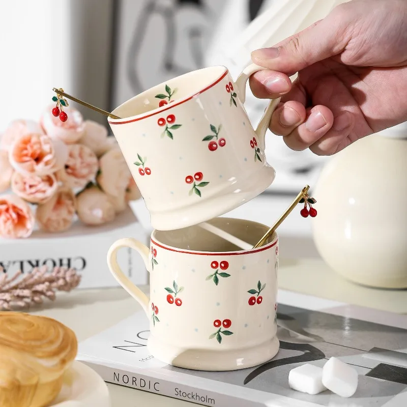 

Lovely Cherry Printed Pattern Mugs Porcelain Cup Tableware Coffee Mug Dining Table Afternoon Tea Teacup Fruits Juice Cup
