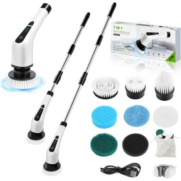 

Electric Spin Scrubber, Cordless Bathroom Tub Scrubber with Long Handle & 7 Replaceable Cleaning Heads,Extension as Short Handle