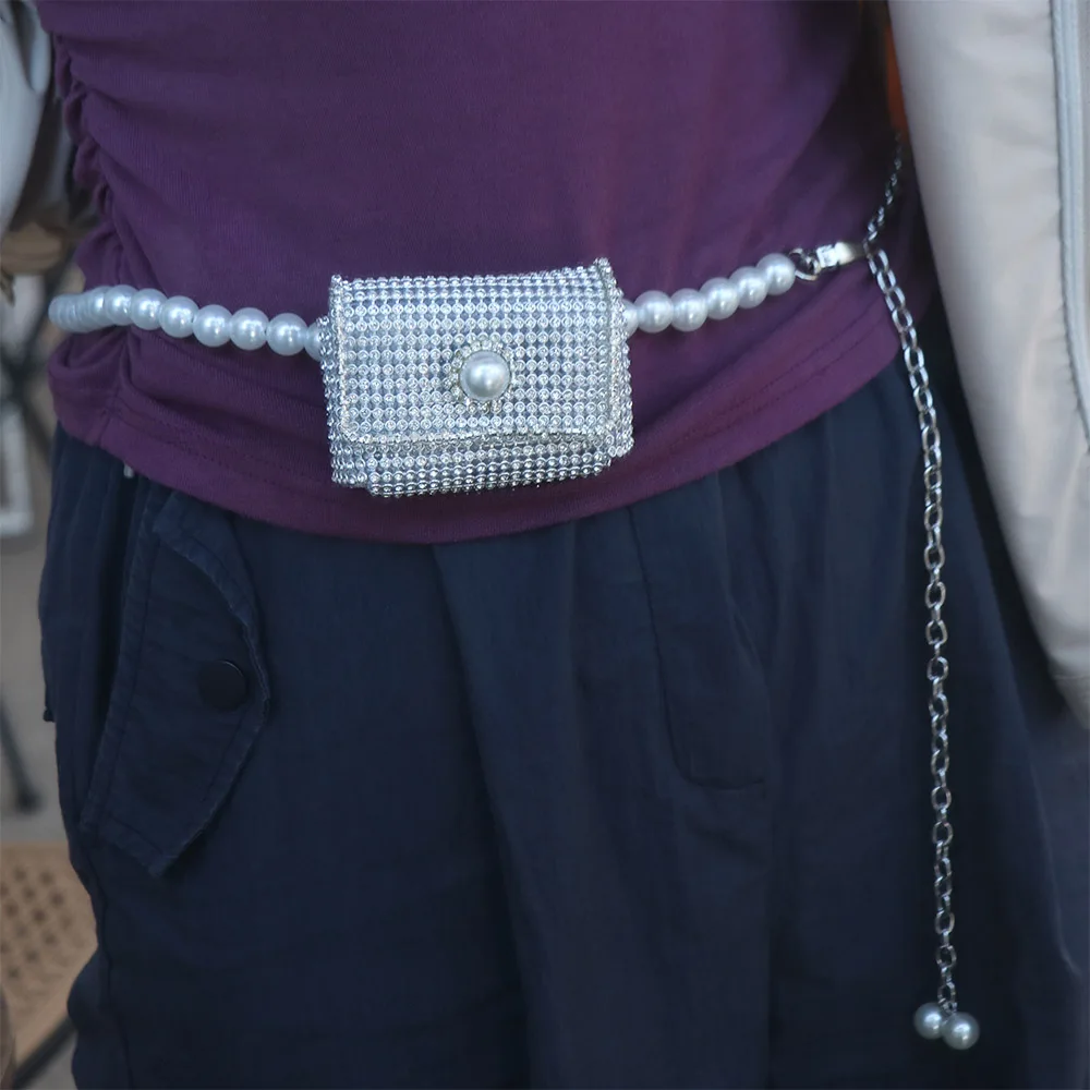 Korean Style Rhinestones Pearl Chain Waist Bag Long Tassel Luxury Women Mini Bags Belt Trendy Dress Decoration