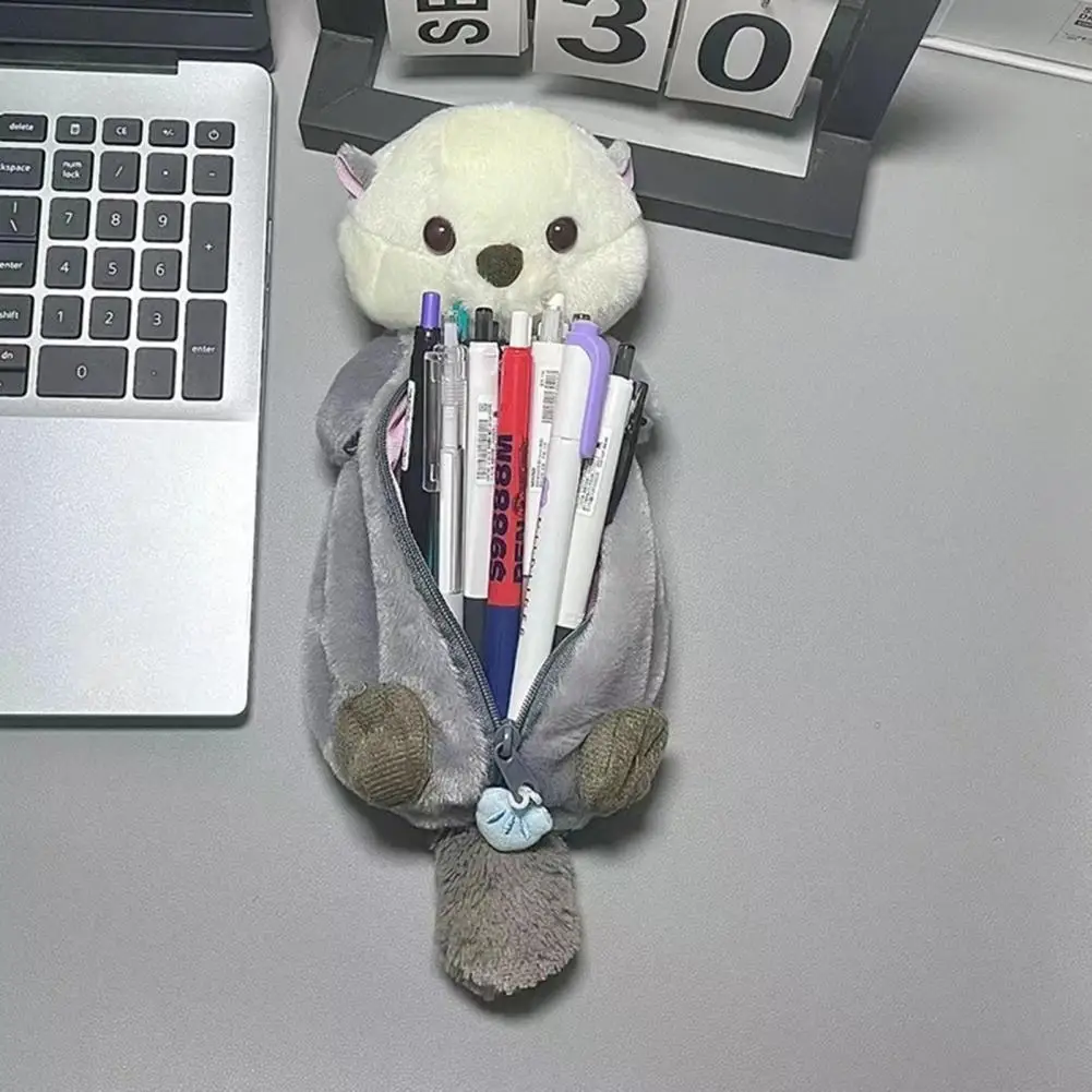 Pencil Pouch Cartoon Sea Otter Shape Pencil Case Large Capacity Marker Case Zipper Closure Stationery Organizer Pen Storage Bag