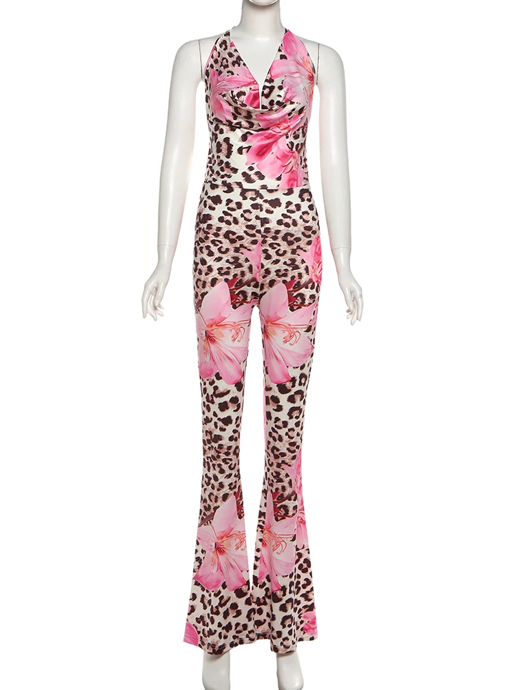 Nibber Jumpsuit Motif Macan Tutul Wanita Halter Berleher V Dalam Tanpa Lengan Punggung Terbuka Ketat Elastis Gaya Jalanan Seksi Pakaian Malam