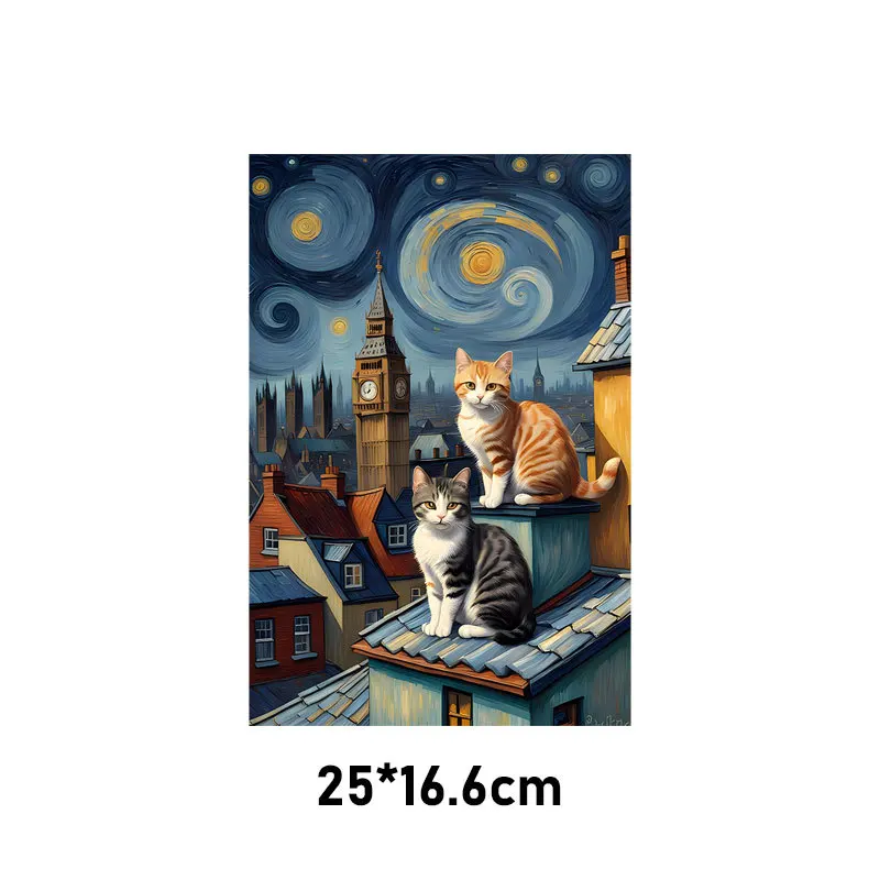 The Cat Under the Starry Sky Heat Transfer Fashion Iron Patch Clothing T-shirt DIY Hoodie Jacket Sticker DTF Patch Is Waterproof