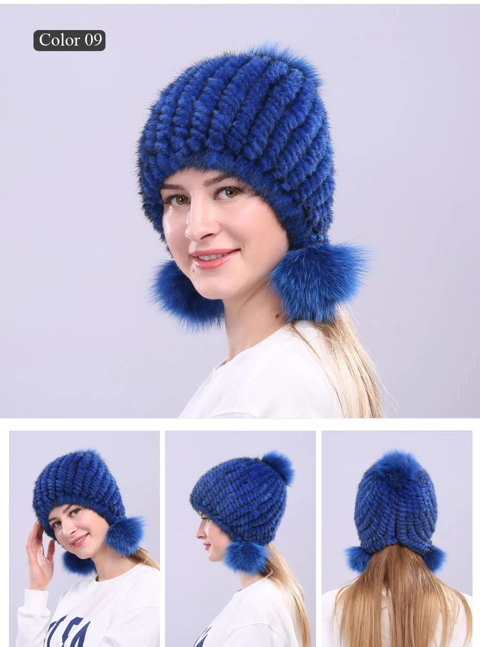 Echte Nerz Pelzmütze mit Fuchspelz Ball Ohrenschützer Schutzkappe Wintermütze für Frauen Russische Trapper Herbstmütze Beanie Herbstmütze – Detail 12