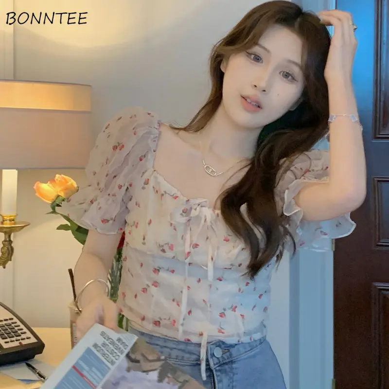 Puff Sleeve Blouses Women Hotsweet Floral Young Beach Style Casual Y2k Tops Fashion Summer Ulzzang Daily Ins All-match Simple