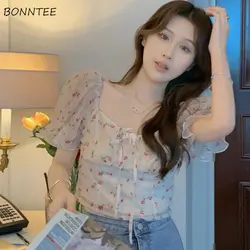 Puff Sleeve Blouses Women Hotsweet Floral Young Beach Style Casual Y2k Tops Fashion Summer Ulzzang Daily Ins All-match Simple