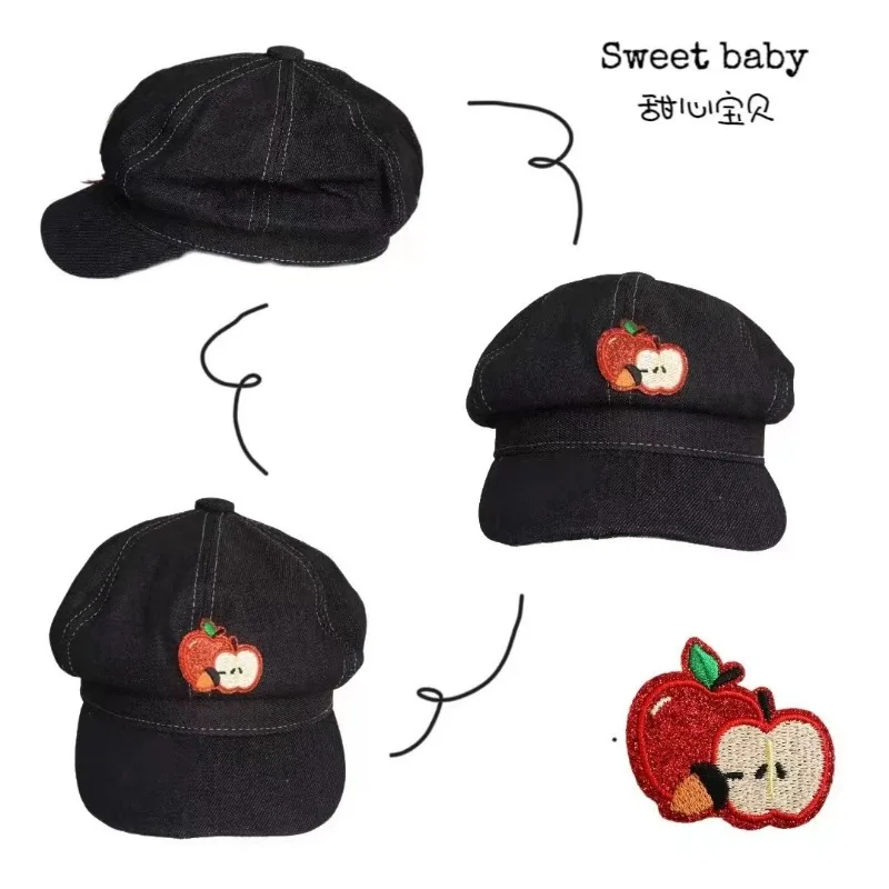 Original Design Apple Embroidered Short Brim Newsboy Hats Women Spring and Summer Travel Photo Versatile Retro Octagonal Berets