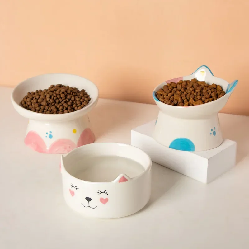 Pet Ceramic Bowl Cat Cute Elevated Food Water Feeders Pet Dog Drinking Eating Feeding Feeders