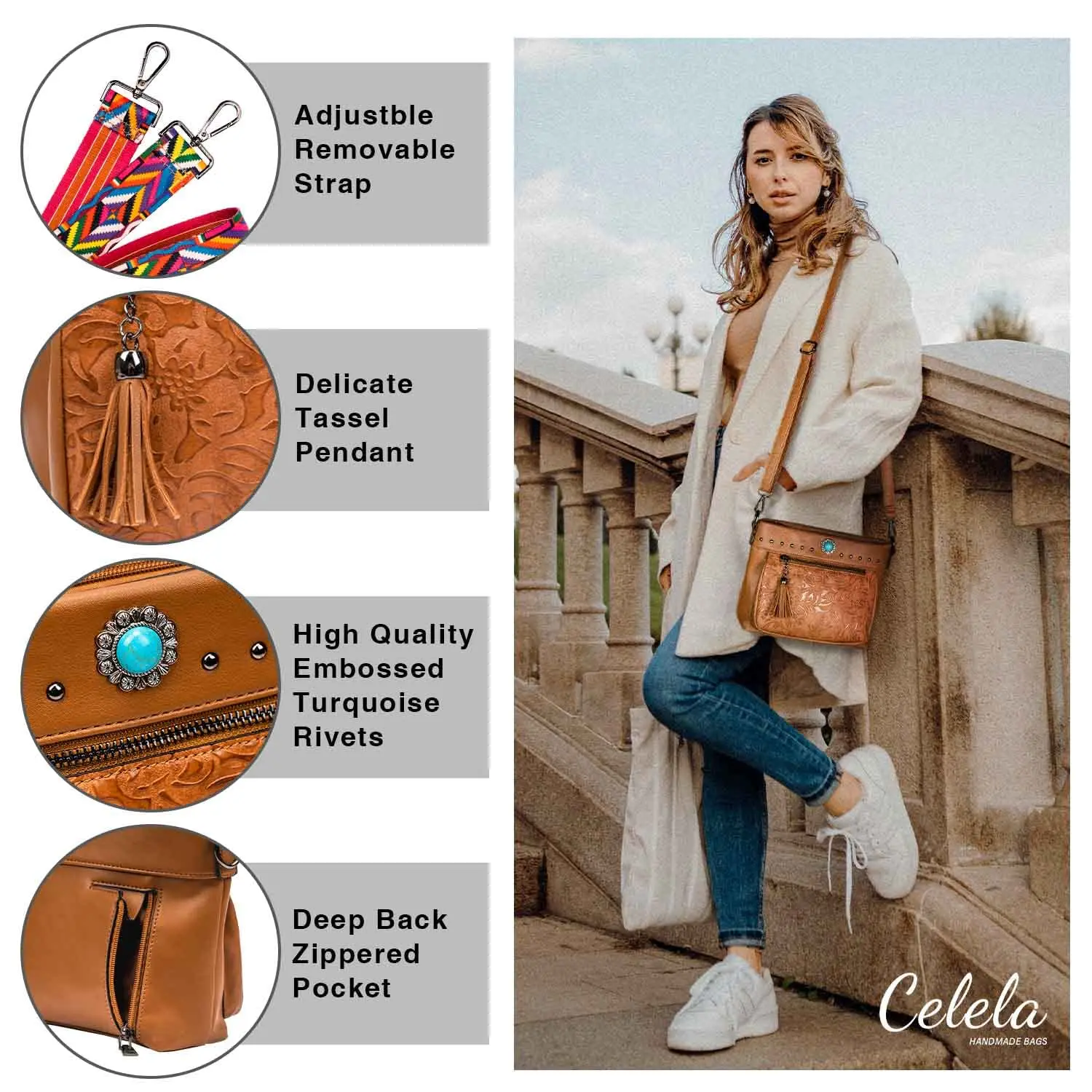 Celela Original Design Women Shoulder Bag Western PurseTote Bag Embossed Turquoise Tassel Square Bag Messenger Bag Free Shipping