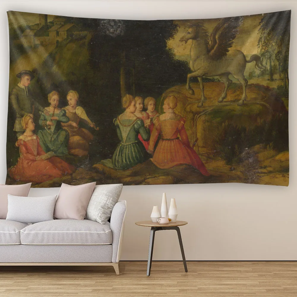Retro Animal Horse Oil Painting Wall Hanging Hippie Bohemian Living Room Tapestry Home Headboard Decoration Background Cloth