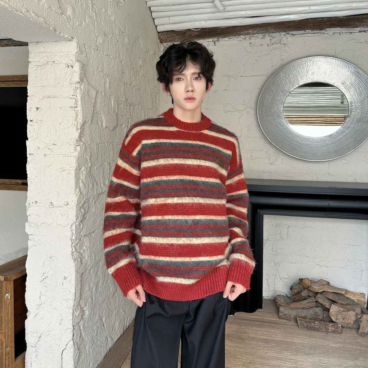 

Retro Striped Knitwear Loose Fit ex Base Layer irt Casual American Sle Polyester Fiber Long Sve round Ne Sweater