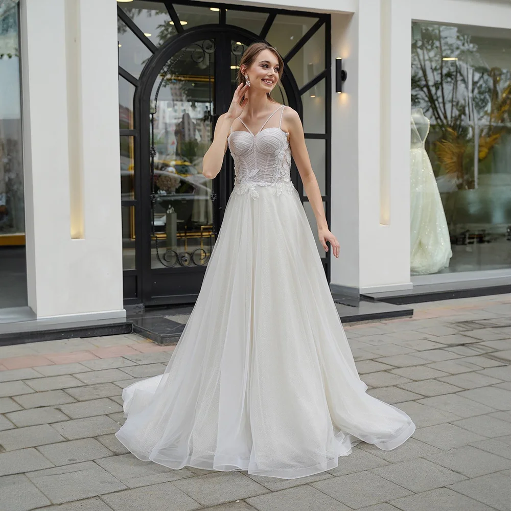 

Modest Strapless Tulle Applieques Wedding Dress for Women Sweetheart Pleated A-line Court Wedding Party Gown vestidos de novia