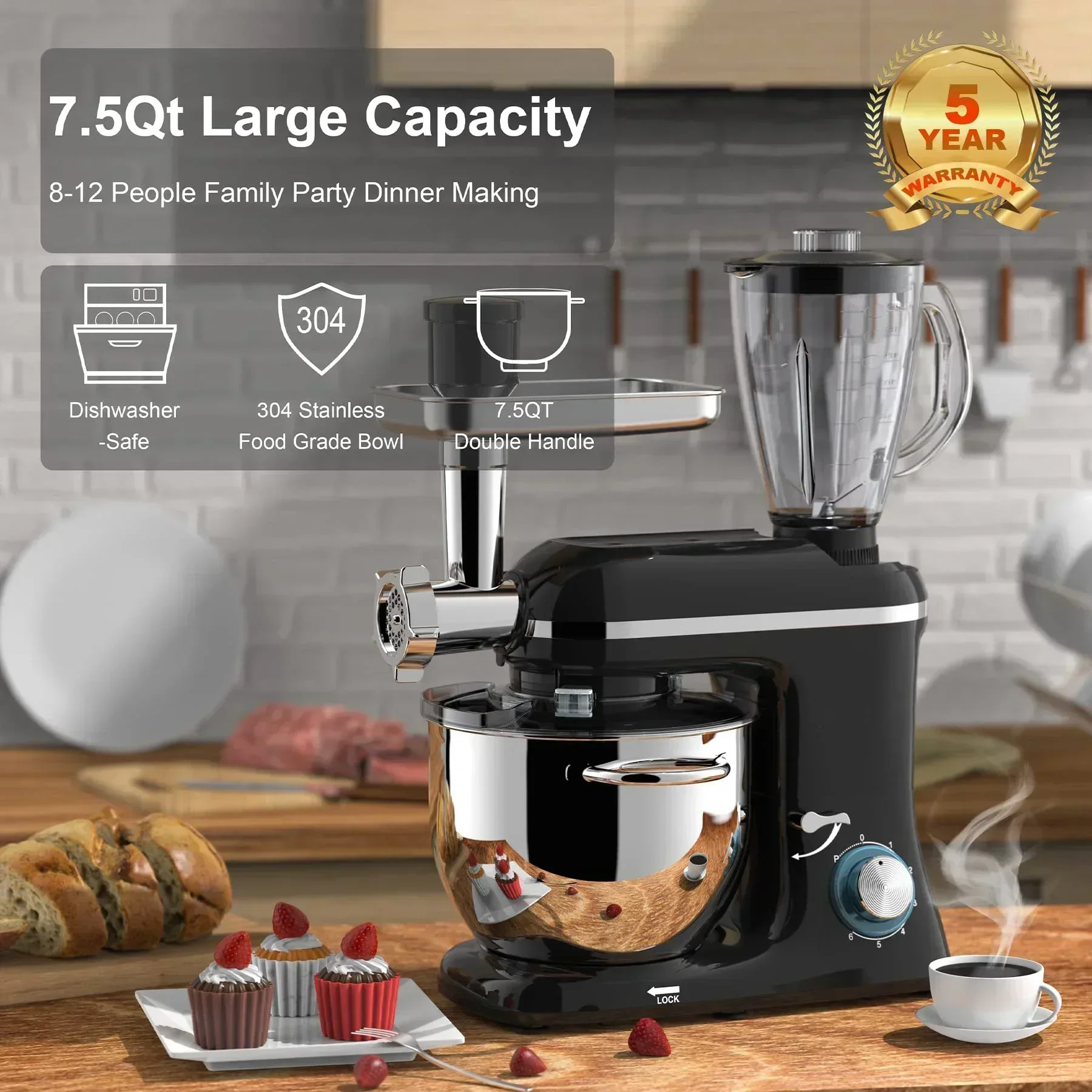 1400W Multifunction 5 In 1 Stand Mixer Baking Bread Dough Mixer Household Food Mixers With Accessories