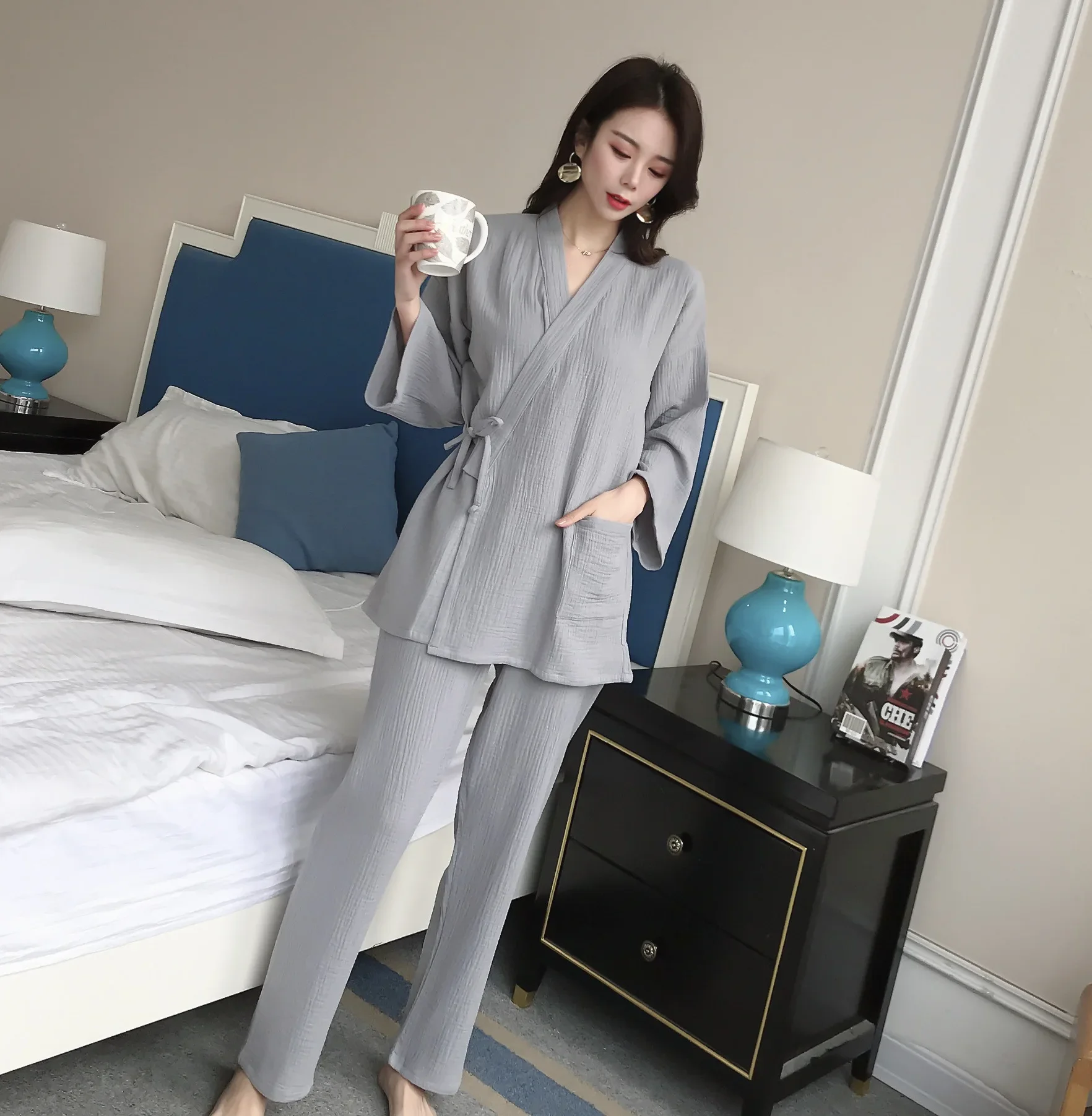 Couples Solid Color Cotton Long Sleeve Kimono Robes with Long Pants 2 Pcs Set Homewear Loungewear Women Sleepwear Clothes