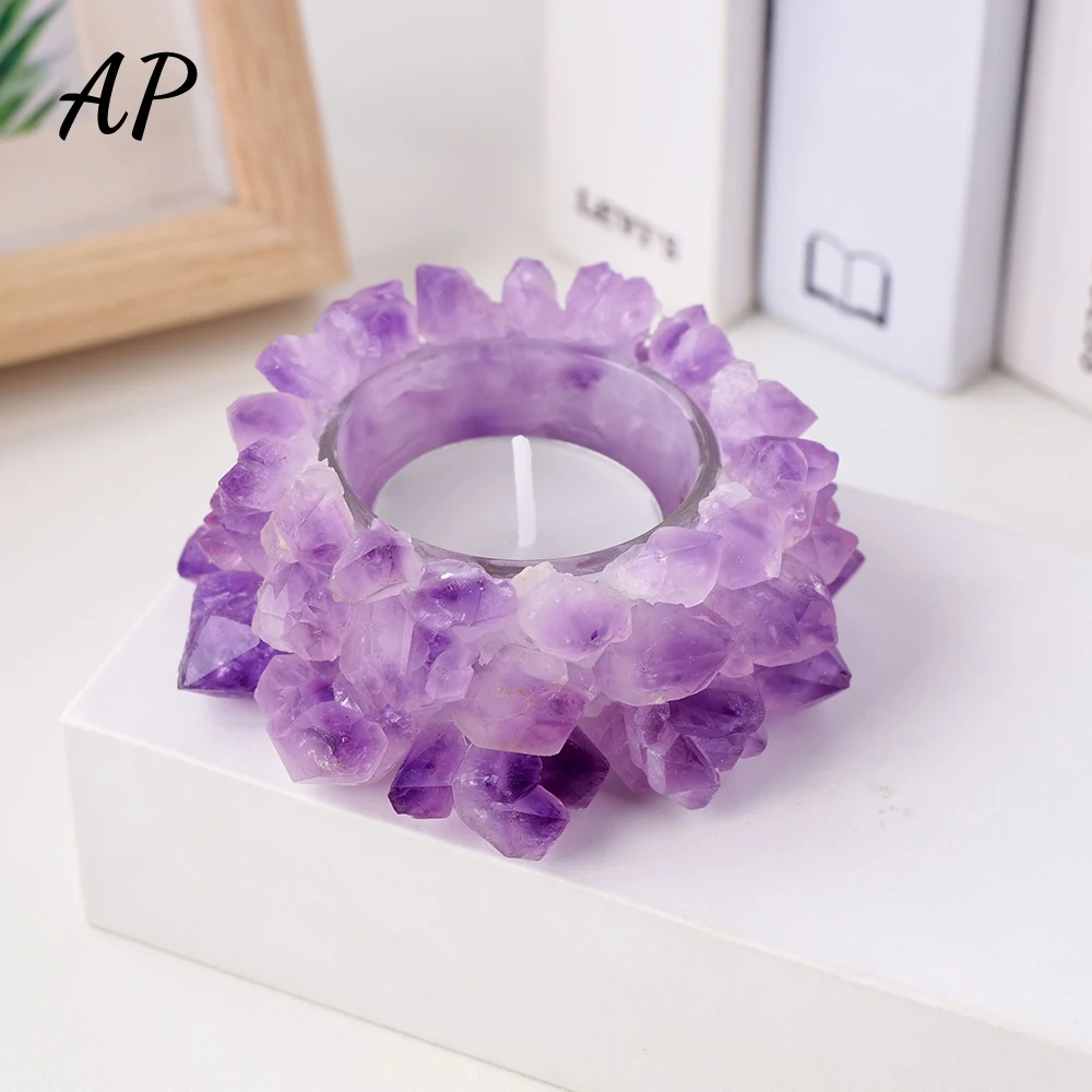 

1PC Natural Quartz Raw Stone Amethyst Tooth Flower Cluster Crystal Candlestick Healing Gemstone Quartz Crystal Candle Holder