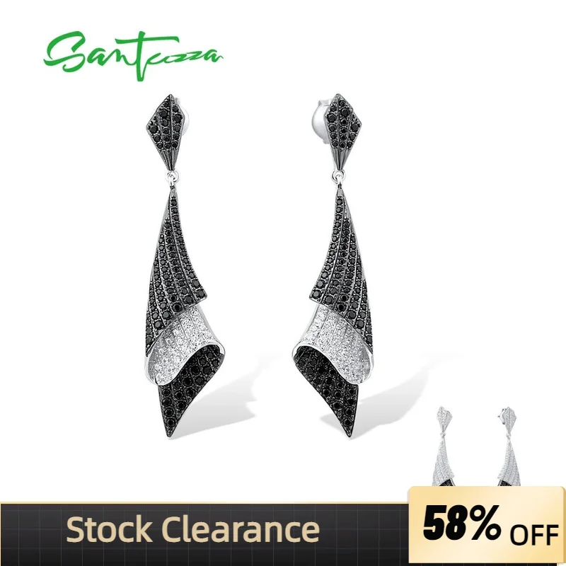 SANTUZZA Silver Earrings For Woman Genuine 925 Sterling Silver Folded Black Spinel White Cubic Zirconia Classical Fine Jewelry