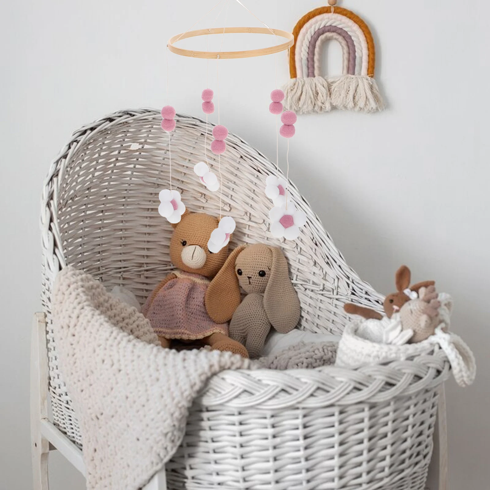 Pom Pom Flower Wind Chime Mobile for Crib Nursery Hanging Decor Soothing Bell Sound Baby Room Decoration Boho Kids Space