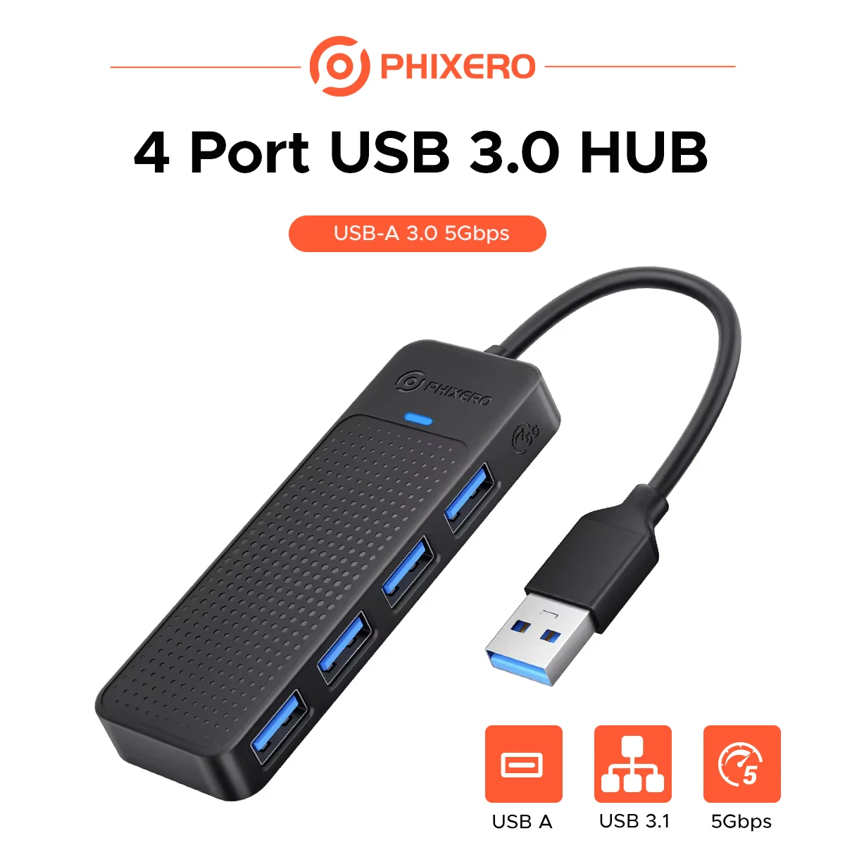 PHIXERO 4 Port USB 3.0 HUB Splitter Multiport Docking Station High Speed For Portable Hard Drive USB Flash Drive Mouse Keyboard