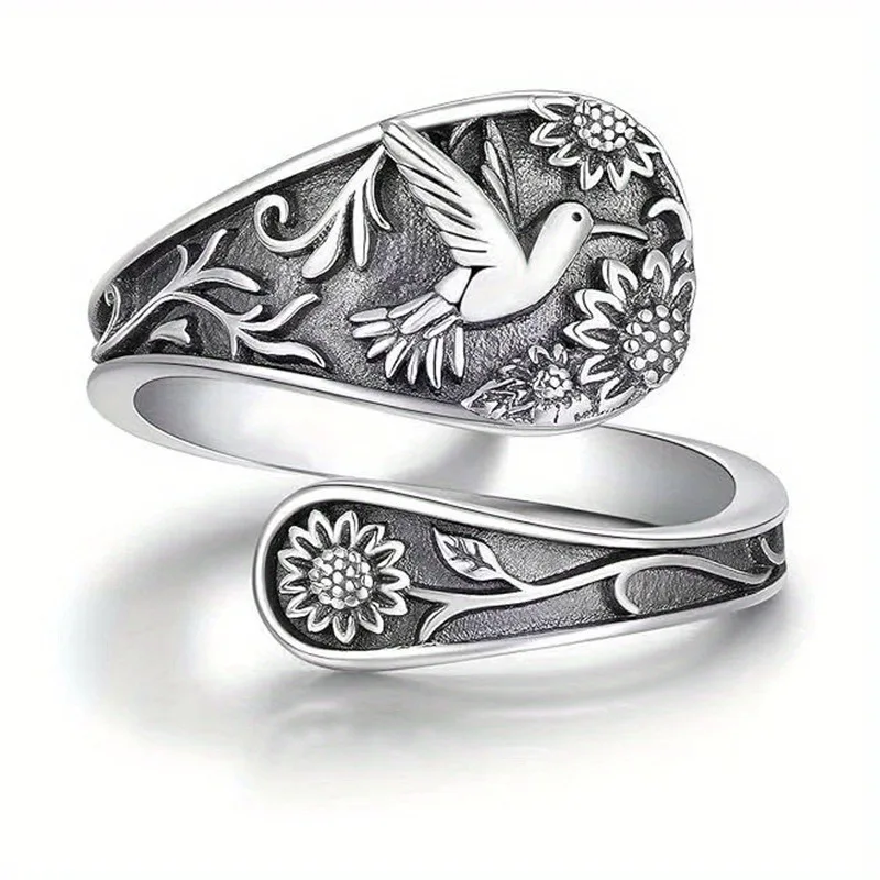 Vintage Hummingbird Spoon Adjustable Ring Sunflower Victorian Style Silver Color Women's Birthday Jewelry Accessories