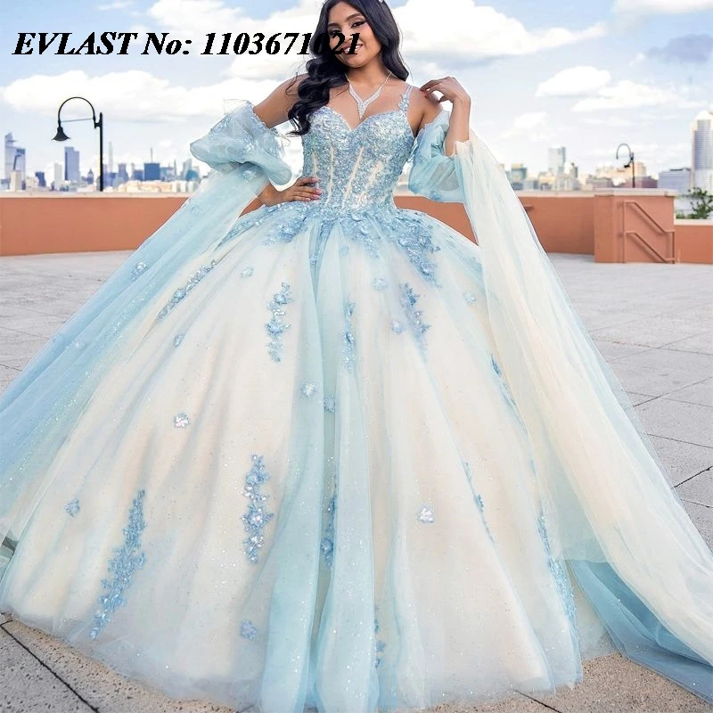 

EVLAST Mexican Sky Blue Quinceanera Dress Ball Gown Shiny Lace Applique Beading With Cape Sweet 16 Vestidos De XV 15 Anos SQ149