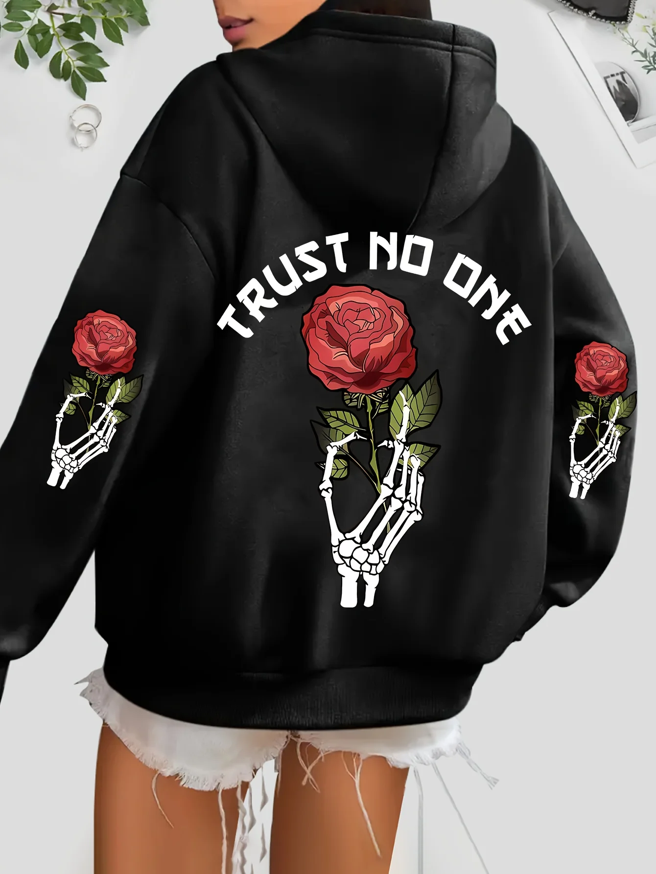 

2024 Autumn Winter Hot Sale Rose Print Hoodie Draw Rope Casual Hoodie for Women's Clothing Pure Cotton Fashion Casual Hoodie
