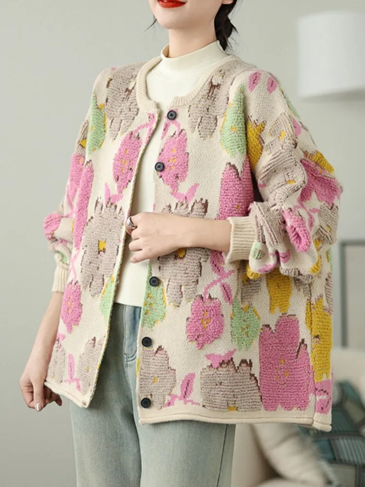 Oversized Knitted Flower Floral Print Autumn Cardigan Women Long Sleeve Fashion Ladies Cardigans Casual Loose Woman Sweater Coat