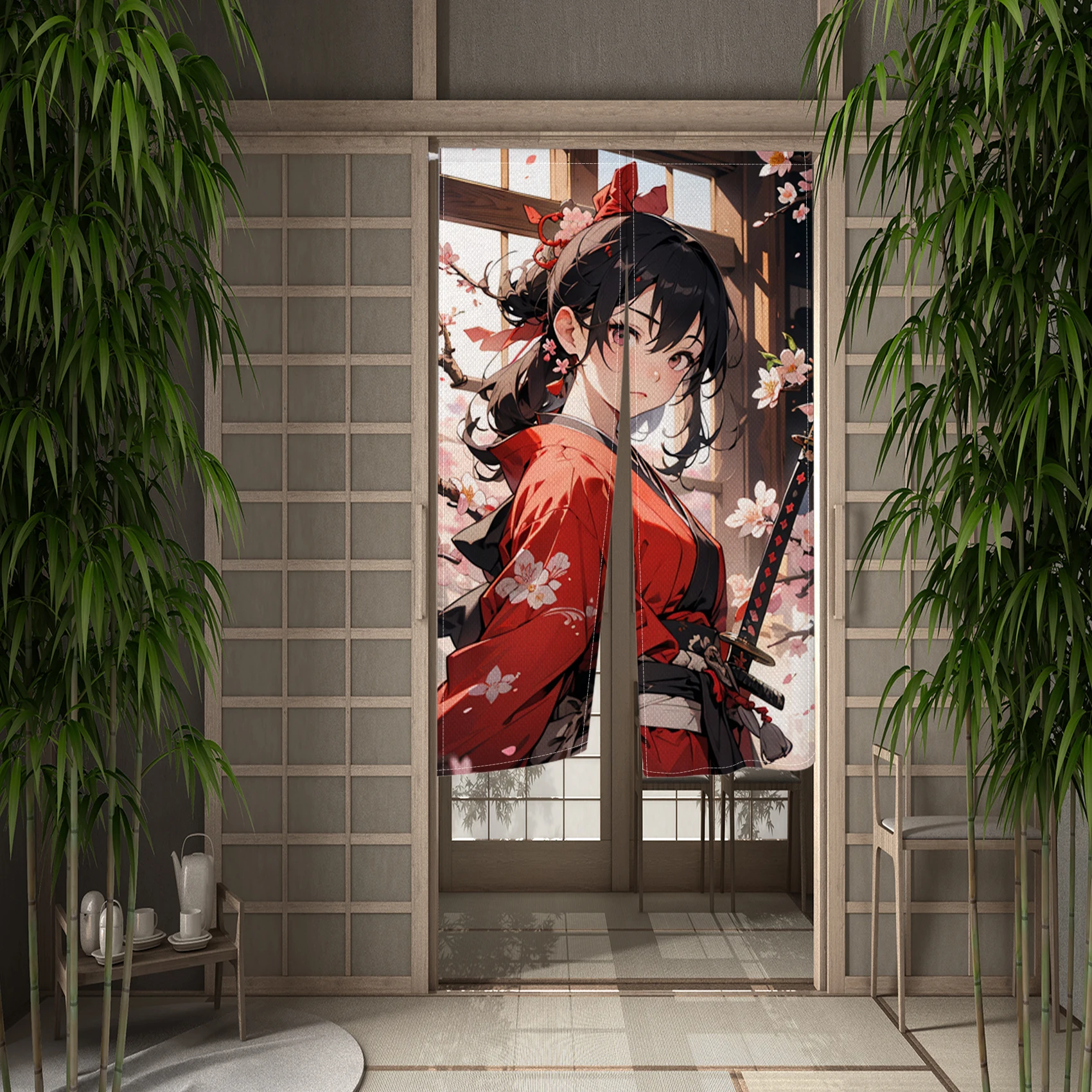 Cartoon Anime Japanese Door Curtain Girl Cherry Blossoms Noren Kitchen Partition Doorway Curtain Entrance Hanging Half-Curtain