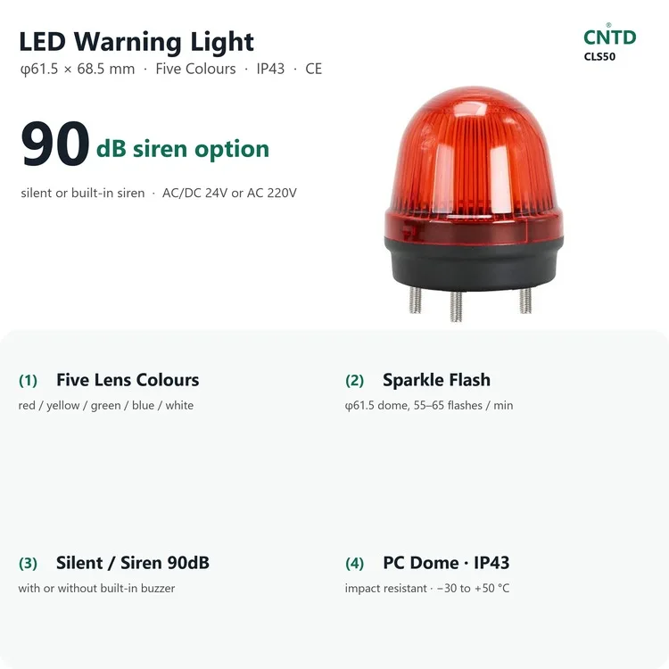 CNTD CLS50 Single-Layer LED Warning Light 5 Colours 90dB Beacon AC/DC 24V AC 220V IP43 Signal Lamp 61.5mm