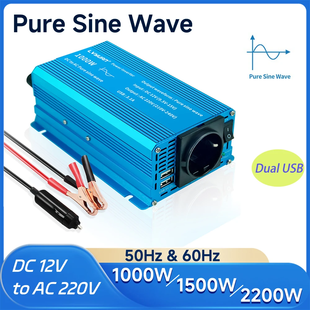 Inversor de corriente para coche de onda sinusoidal pura DC 12V a AC 230V 1000W/1500W/2200W 50Hz/60Hz con carga USB Dual de 4,2a enchufe UE/Universal