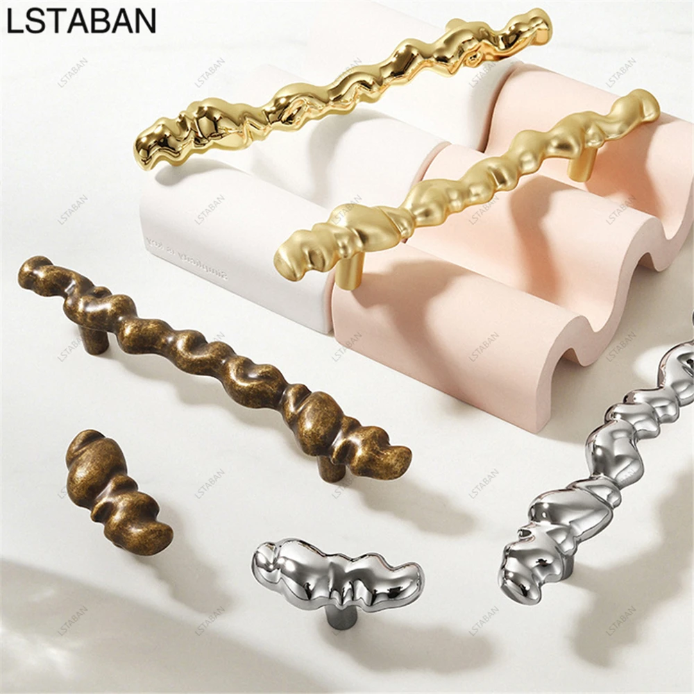 Art Twisted Wave Kitchen Cabinet Handle Brass Gold Dresser Drawer Pull Abstract Shape Zinc Alloy Cupboard Wardrobe Door Handle