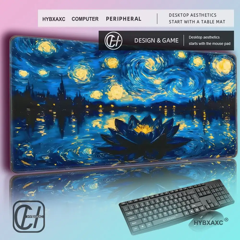 Van Gogh's Starry Night and Lotus Design Mouse Pad Computer Offices Anti-slip Playmat for MTG DTCG CCG RPG Trading Rug HYBXAXC