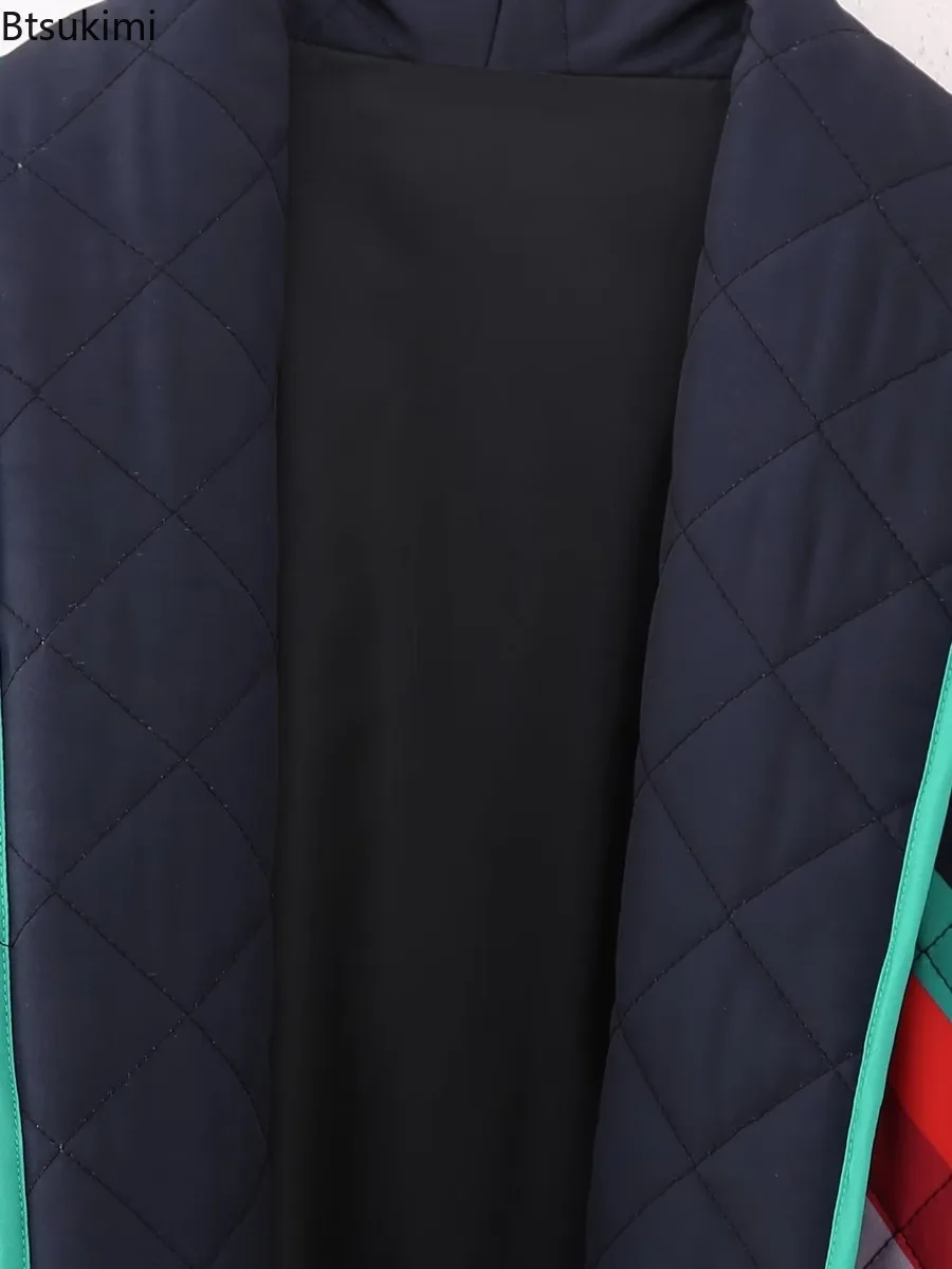 Women Autumn Winter Casual Parka 2025 Fashion Geometric Print Spliced Jacket Vintage Lapel Cardigan Cotton Jacket Thermal Tops