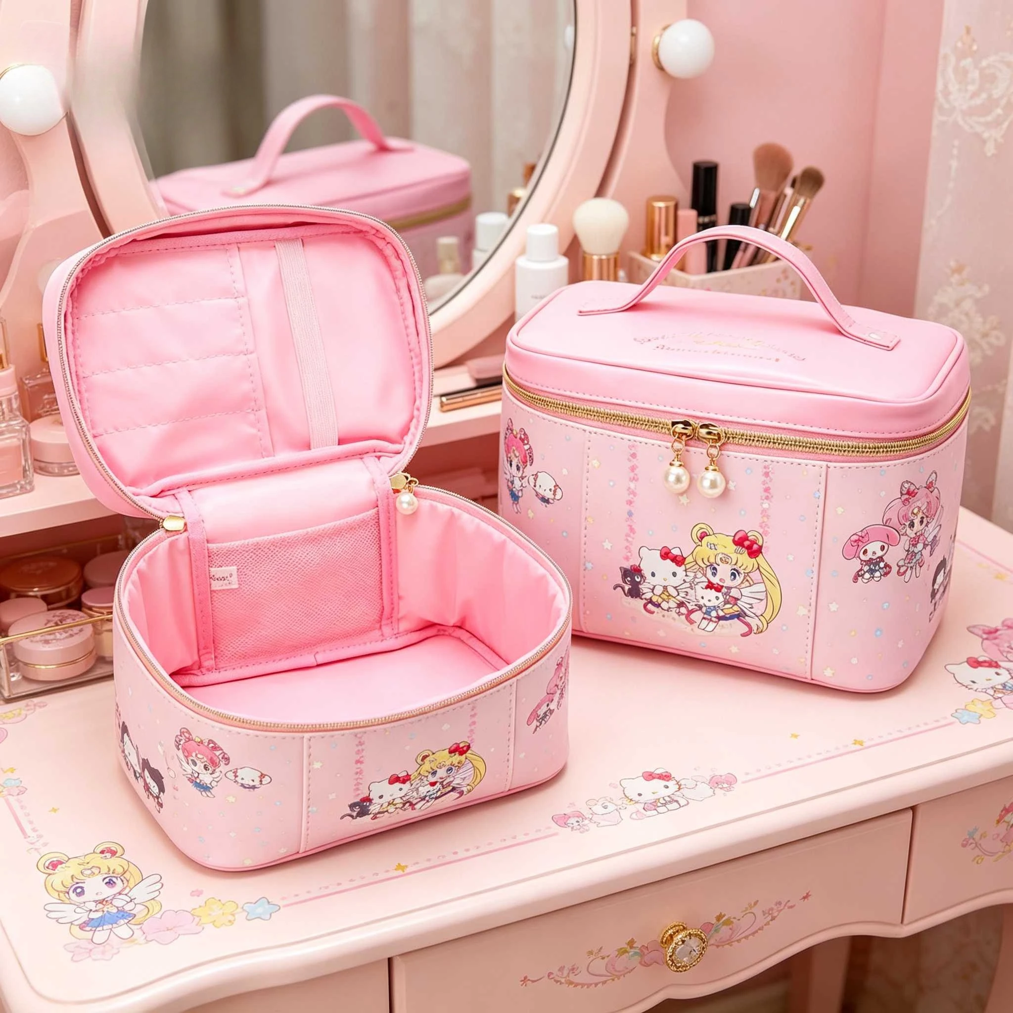 Sailor Moon Make-up-Tasche Niedliche Cartoon Doppelschichtige Aufbewahrungstasche für Frauen Männer Plüschtier Kawaii Federmäppchen für Schulbedarf Geschenk
