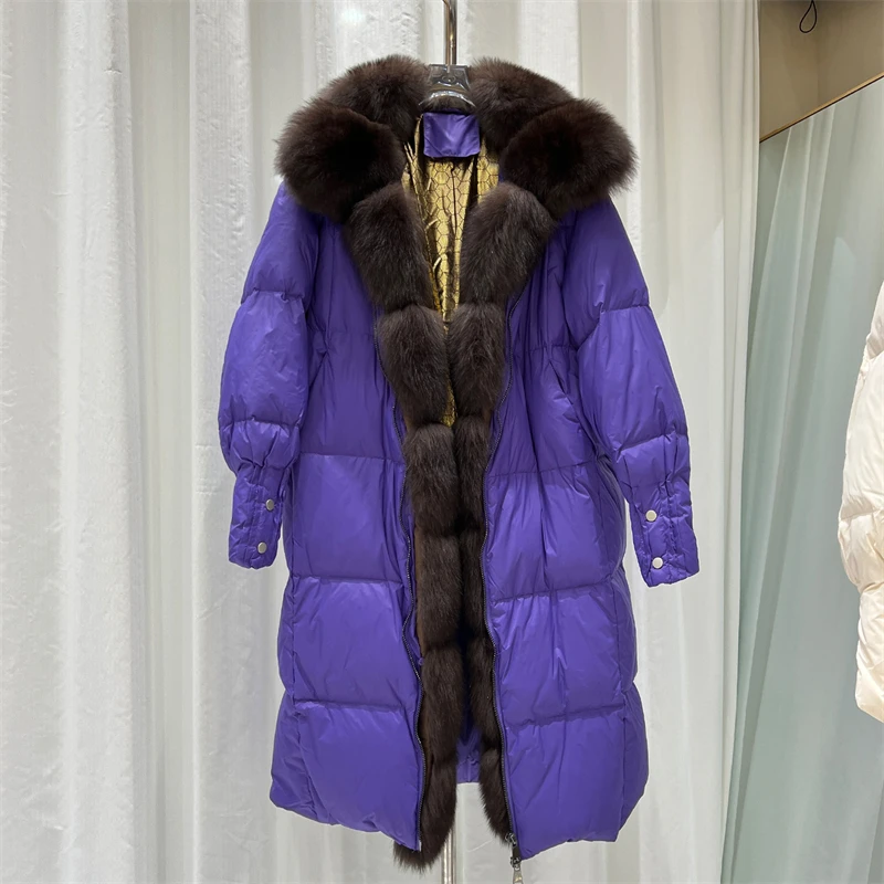 

2025 Winter New Women's Loose Thickened Fox Fur Collar Fur White Duck Down Jacket High Quality Fashion Casual Lengthened Coat