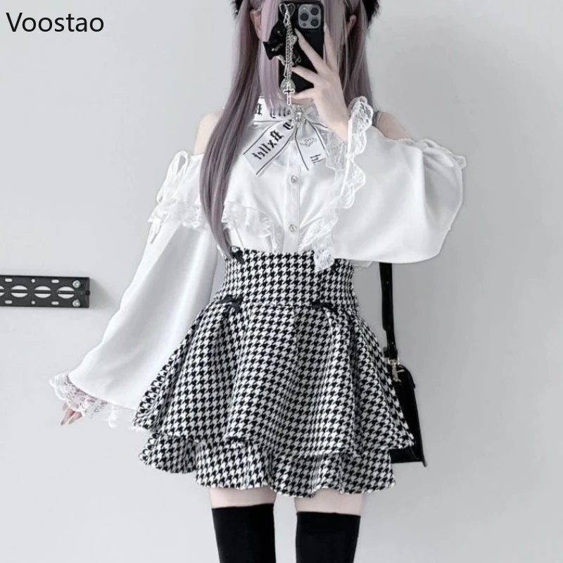 

Japanese Preppy Style Lolita Sweet 2 Piece Sets Women Gothic Bow Off Shoulder Shirt Tops Mini Cake Skirt Korean Female Y2k Suits