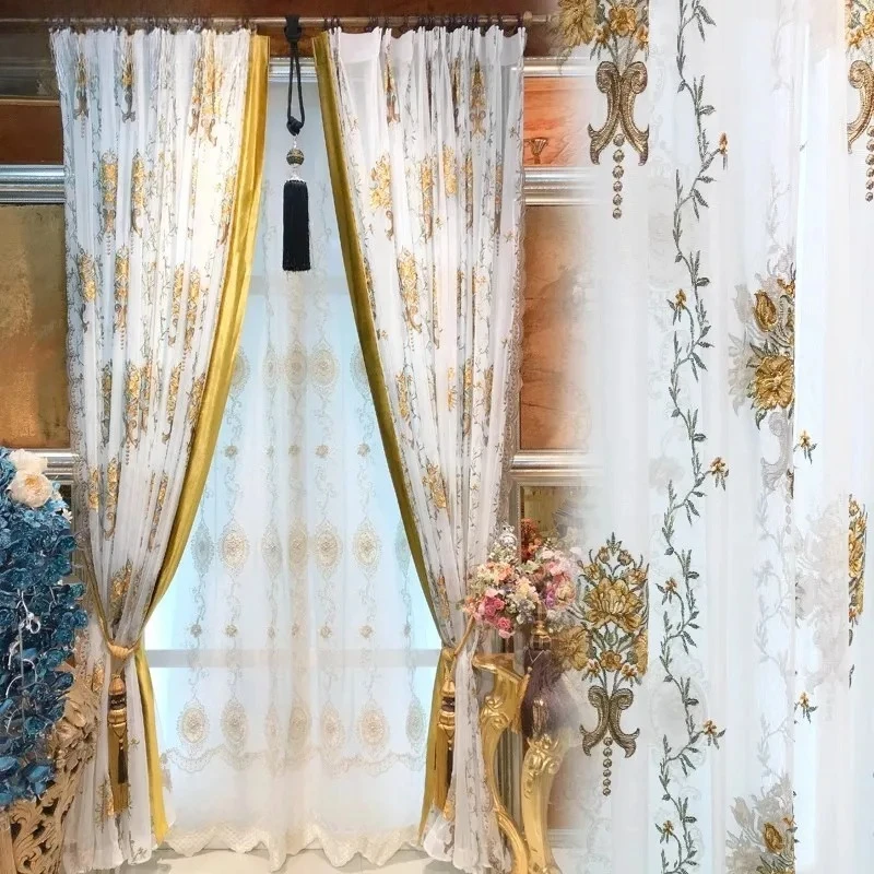 European Elegant Romantic Yellow Embroidery Craft Embroidery White Tulle Curtains for Living Dining Room Bedroom Custom Size