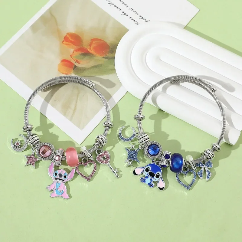 달 별 DIY 파란색 핑크 구슬 장식 귀여운 릴로 & 스티치 매력 팔찌, 사랑 펜던트 Pulsera 쥬얼리 액세서리, 어린이 소녀 선물