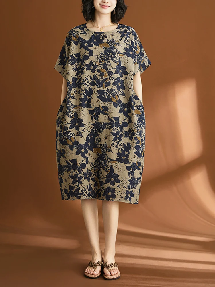 

Summer Loose Fit Cotton Linen round Neck Printed Casual Dress Thin Material Mom Style Ethnic Trend plus Size Women's Dress