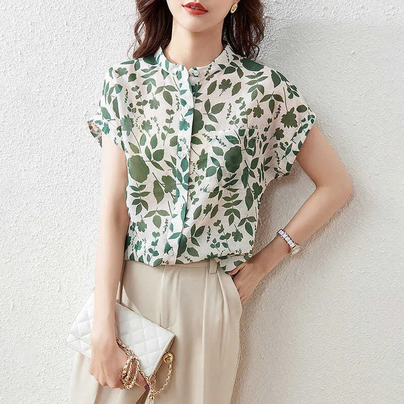 Women Summer Style Blouses Tops Lady Casual Short Sleeve Stand Collar Flower Printed Blusas Tops SP1498