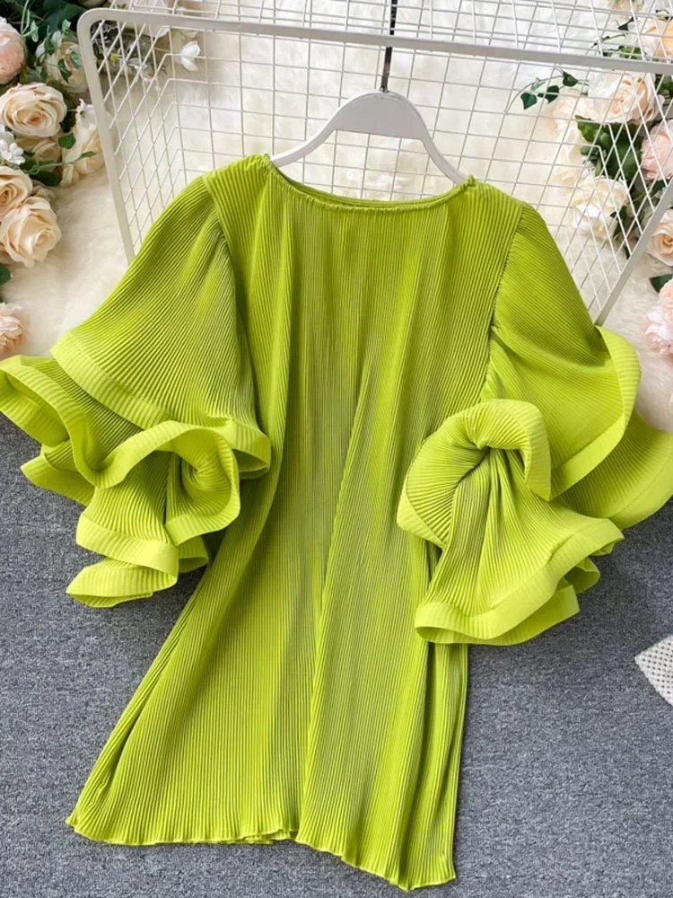 Women\'s Shirt Ins Design Sense Butterfly Sleeve Loose Pleated Chiffon Female Summer Solid Tops New Tide Blouse ML876