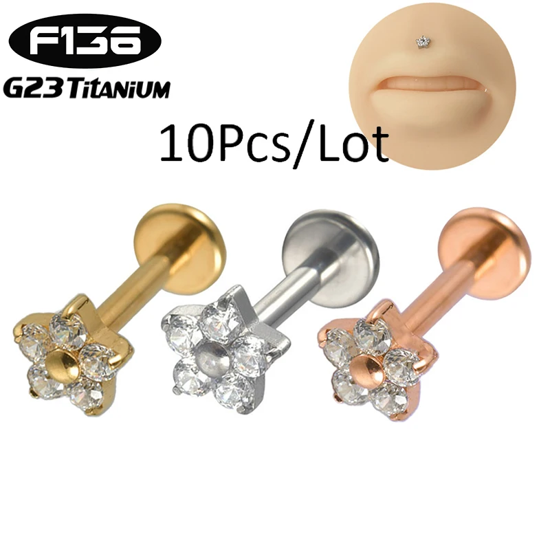 

10Pcs G23 Titanium Piercing Labret Internal Thread Ear Stud Zircon Flower Helix Cartilage Flatback Earlobe Lip Stud Body Jewelry